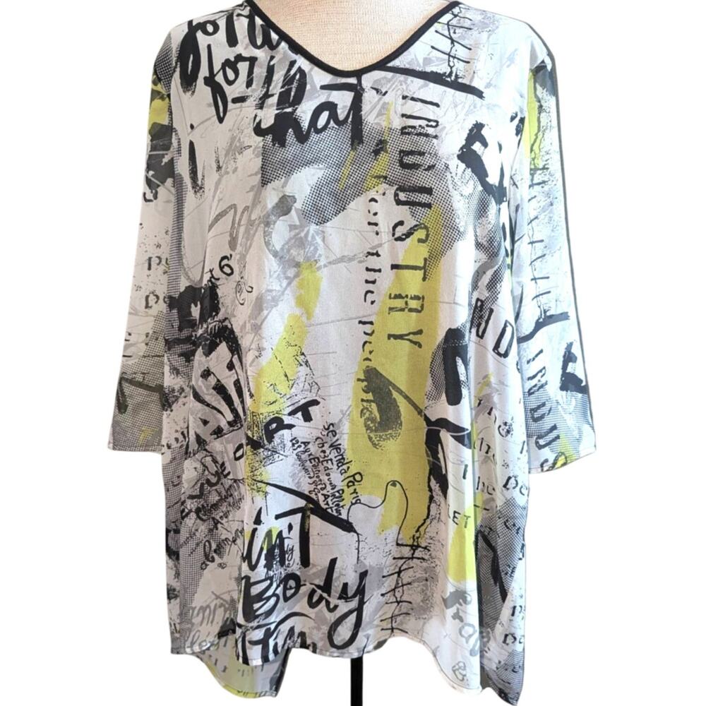 Ulla Popken Blouse Top Sz 16/18 Graphic Artsy V-Neck Open Back Yellow Black